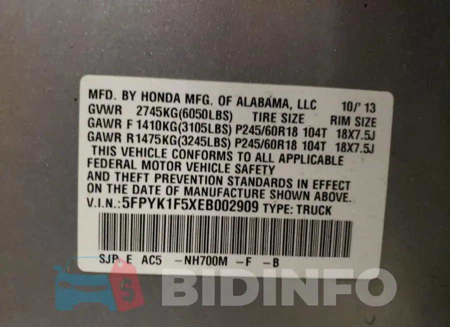 5FPYK1F5XEB002909 Photo# 12