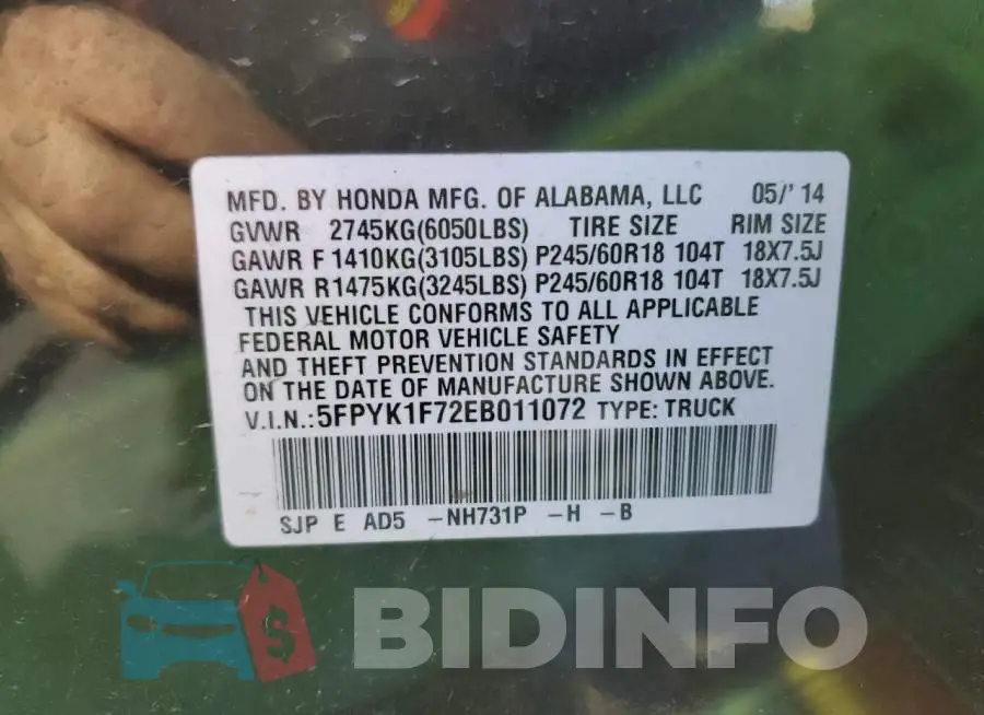 5FPYK1F72EB011072 Photo# 13