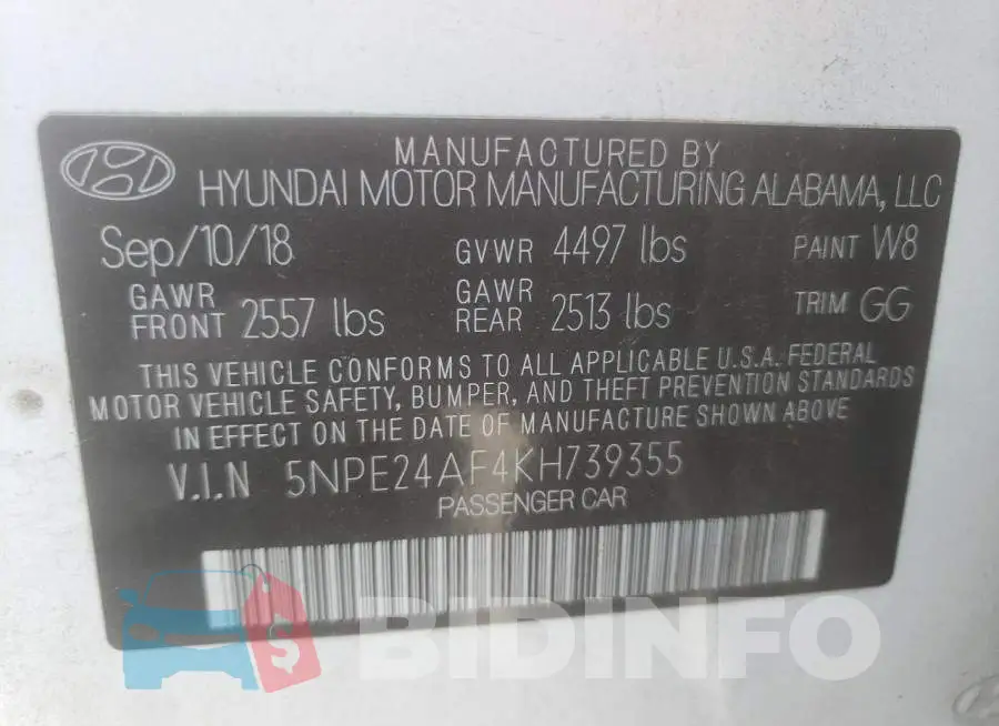 5NPE24AF4KH739355 Photo# 10