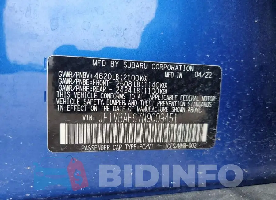 JF1VBAF67N9009451 Photo# 12