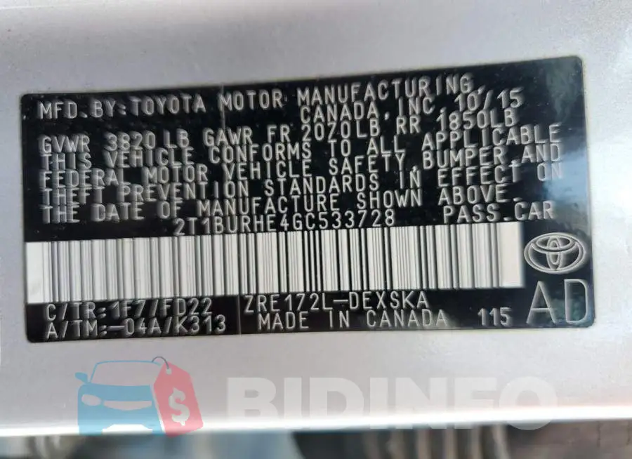 2T1BURHE4GC533728 Photo# 13