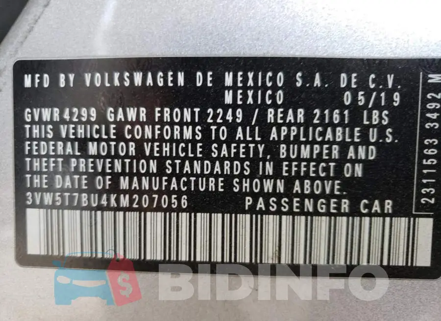 3VW5T7BU4KM207056 Photo# 12
