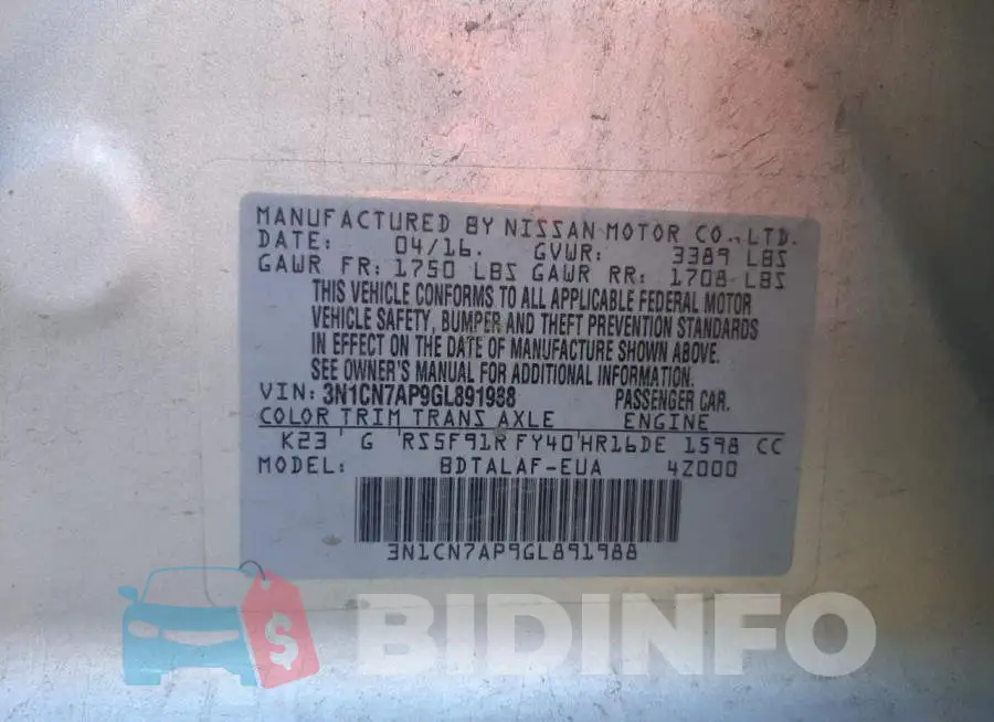 3N1CN7AP9GL891988 Photo# 13