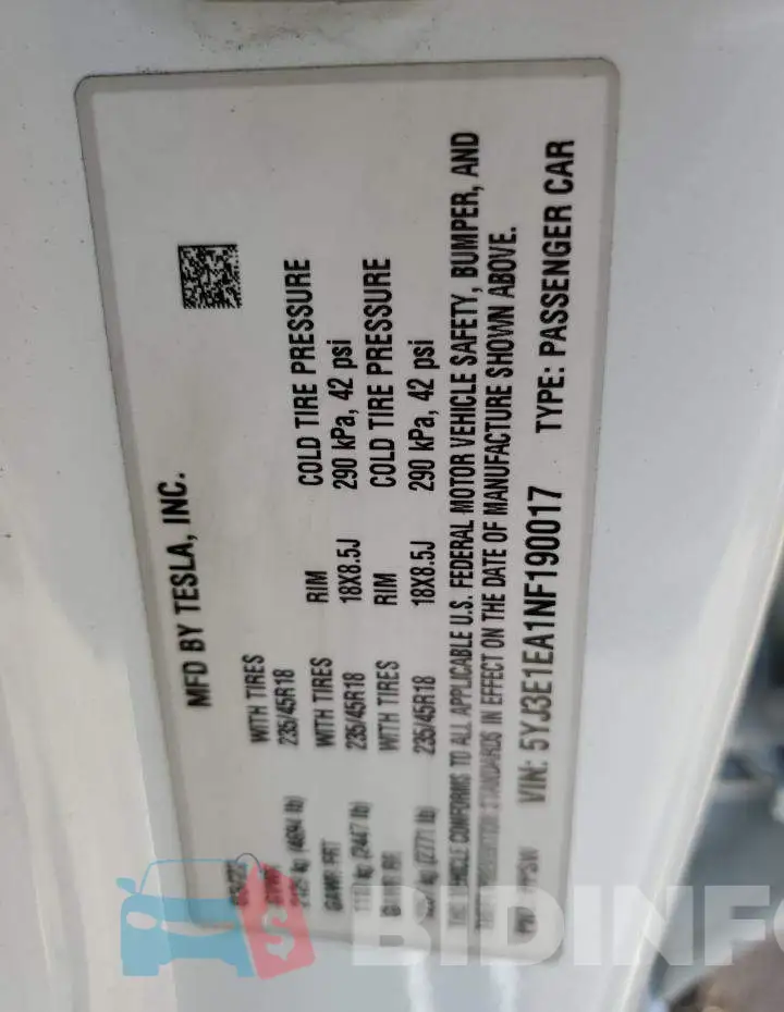 5YJ3E1EA1NF190017 Photo# 12