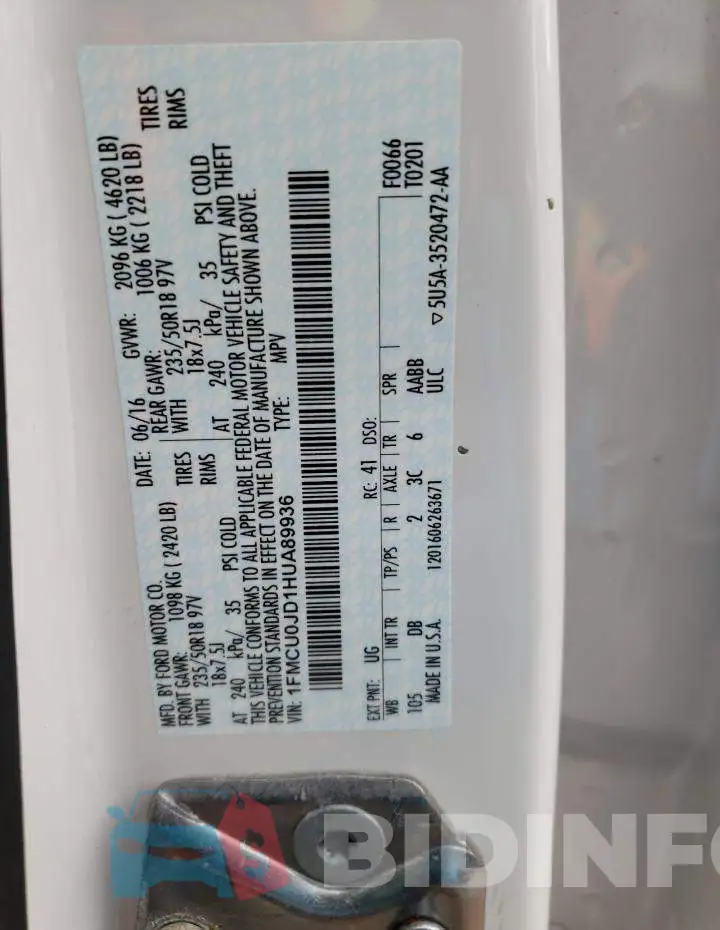 1FMCU0JD1HUA89936 Photo# 13