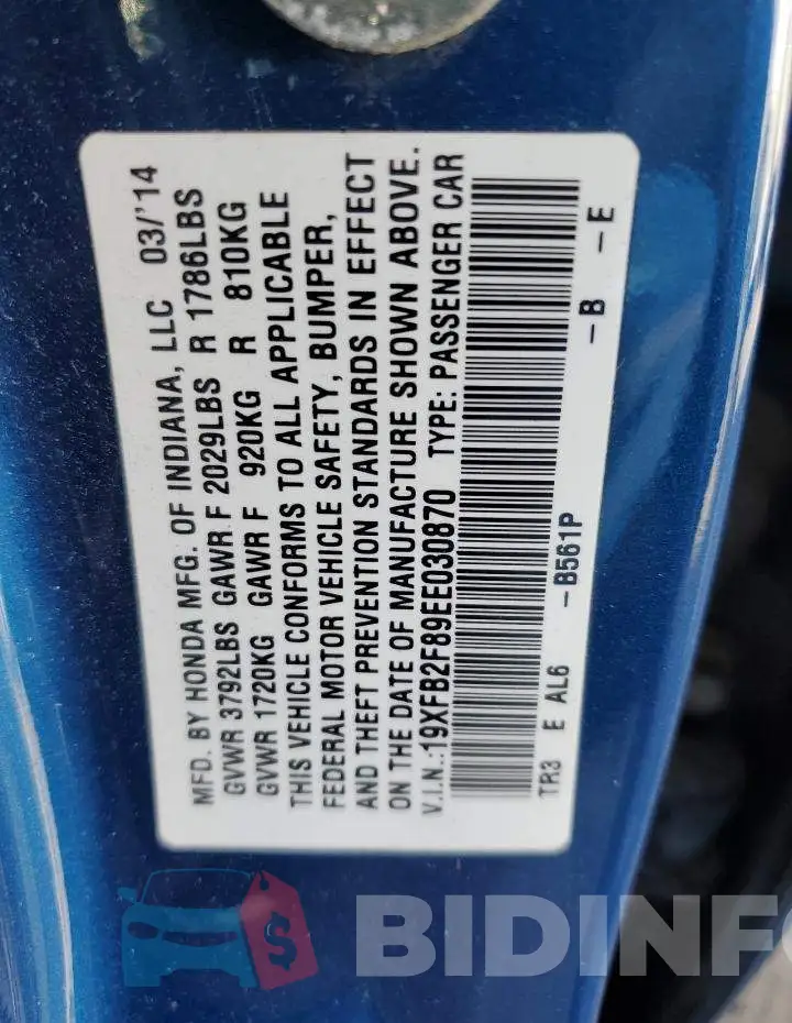 19XFB2F89EE030870 Photo# 12