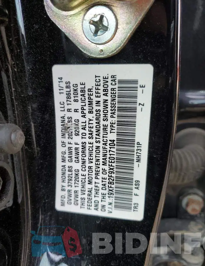 19XFB2F9XFE017104 Photo# 12