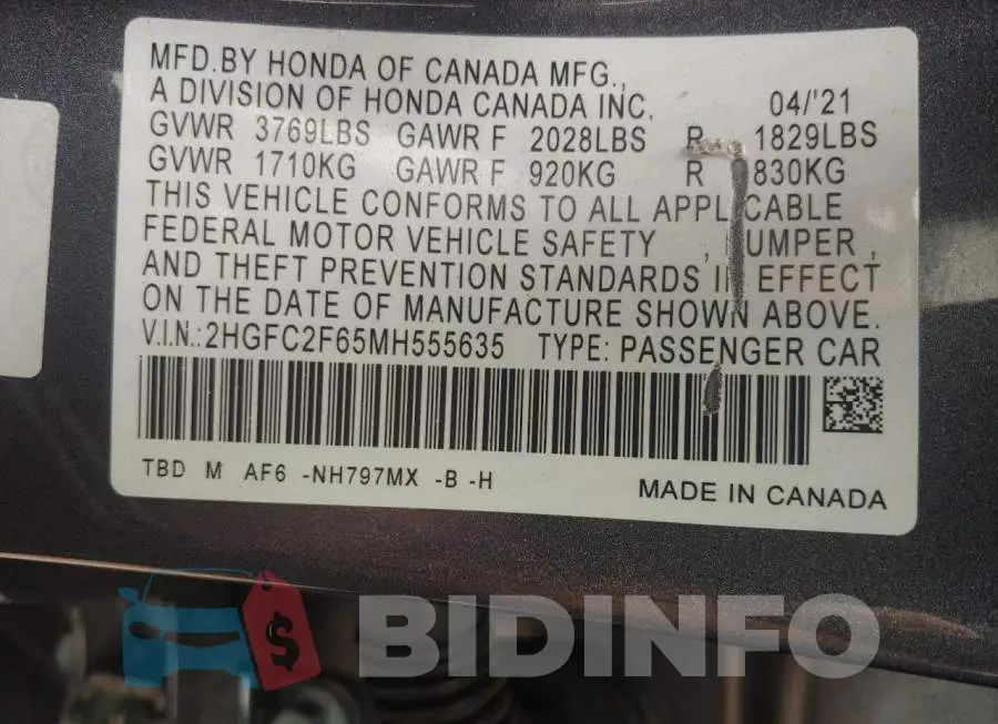 2HGFC2F65MH555635 Photo# 10