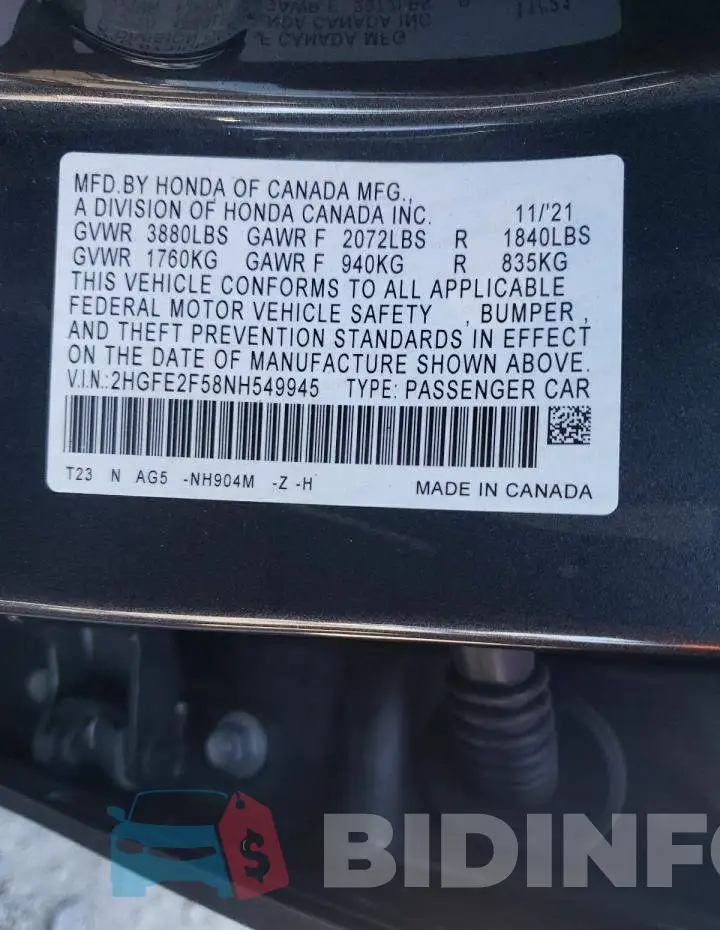 2HGFE2F58NH549945 Photo# 13
