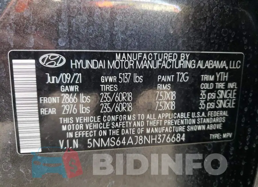 5NMS64AJ8NH376684 Photo# 14
