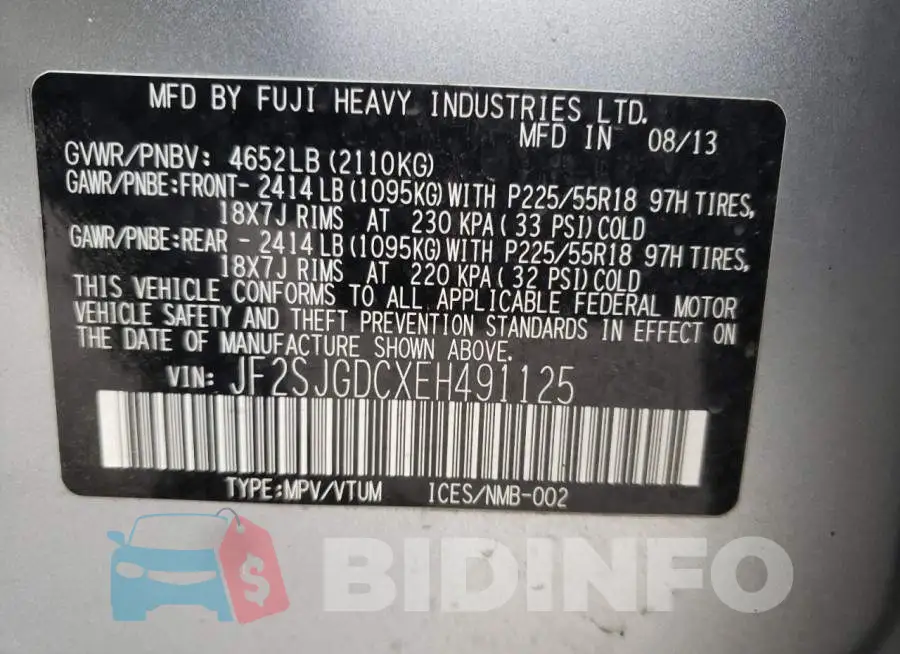 JF2SJGDCXEH491125 Photo# 10