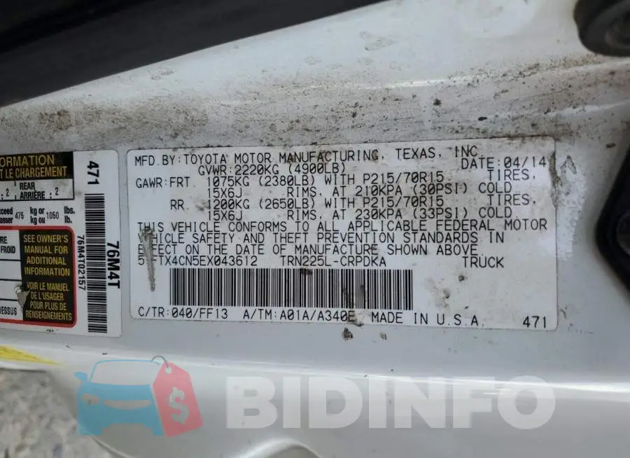 5TFTX4CN5EX043612 Photo# 13