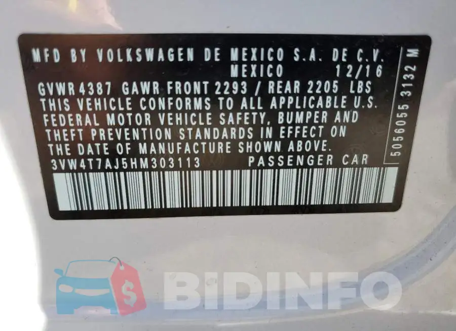 3VW4T7AJ5HM303113 Photo# 12