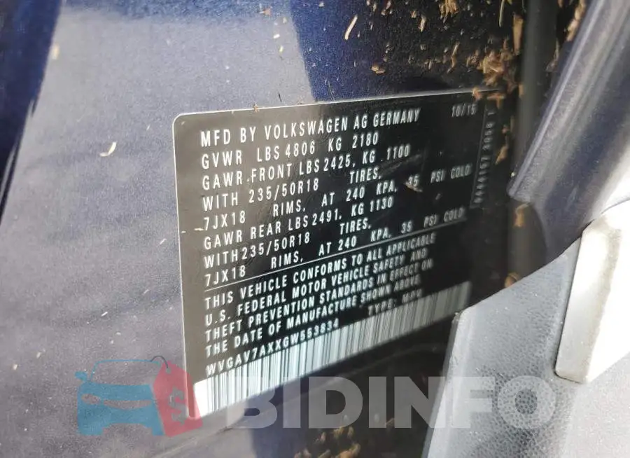 WVGAV7AXXGW553834 Photo# 14