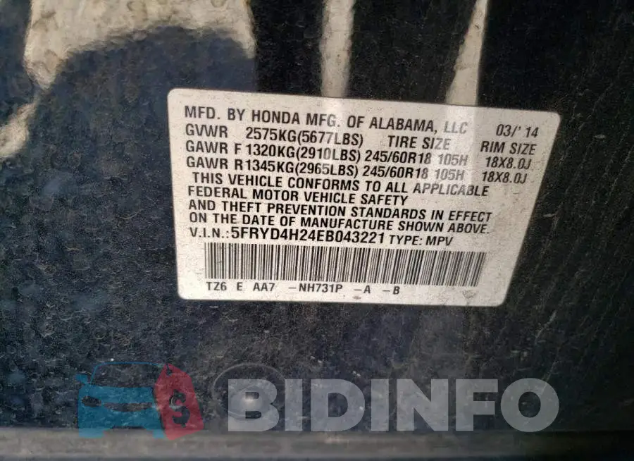 5FRYD4H24EB043221 Photo# 12