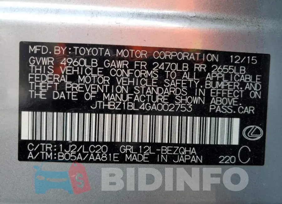 JTHBZ1BL4GA002753 Photo# 12
