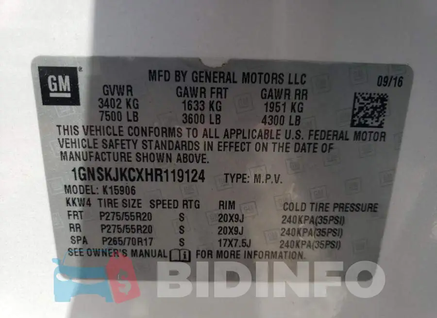 1GNSKJKCXHR119124 Photo# 13