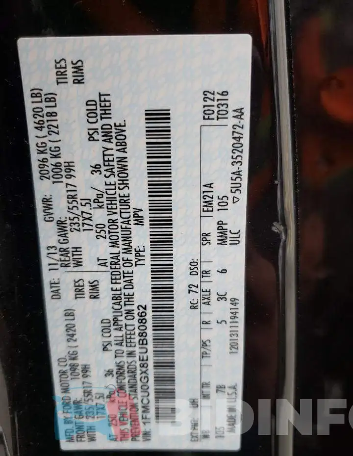 1FMCU0GX8EUB80862 Photo# 12