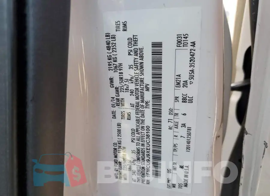 1FMCU9J9XEUC38100 Photo# 12