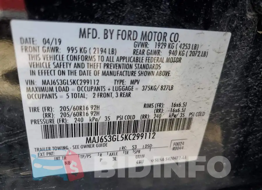 MAJ6S3GL5KC299112 Photo# 13