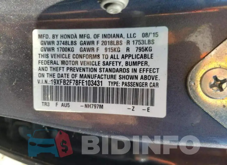 19XFB2F78FE103431 Photo# 12