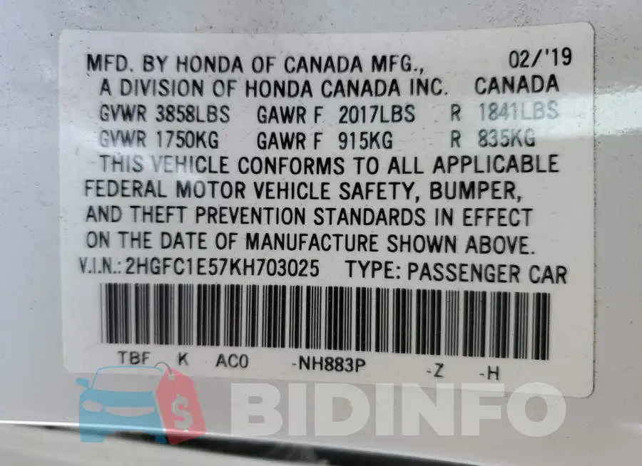 2HGFC1E57KH703025 Photo# 12
