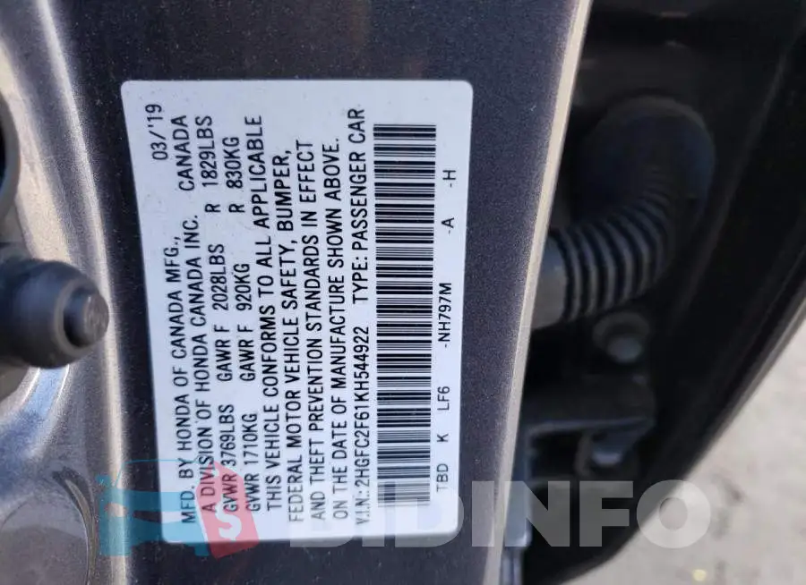 2HGFC2F61KH544922 Photo# 12