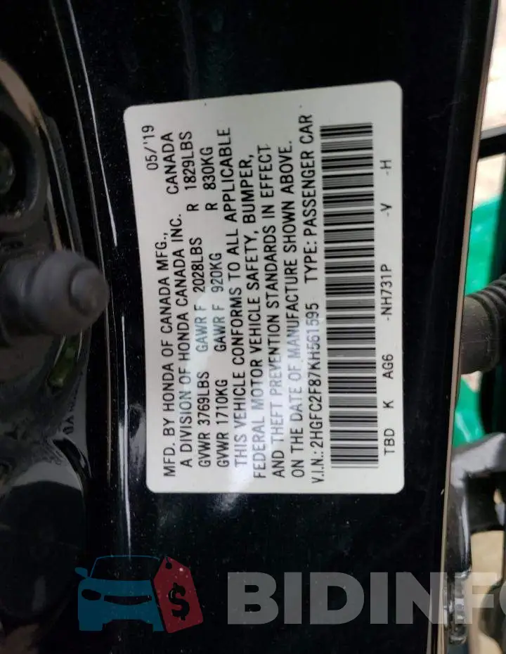 2HGFC2F87KH561595 Photo# 13