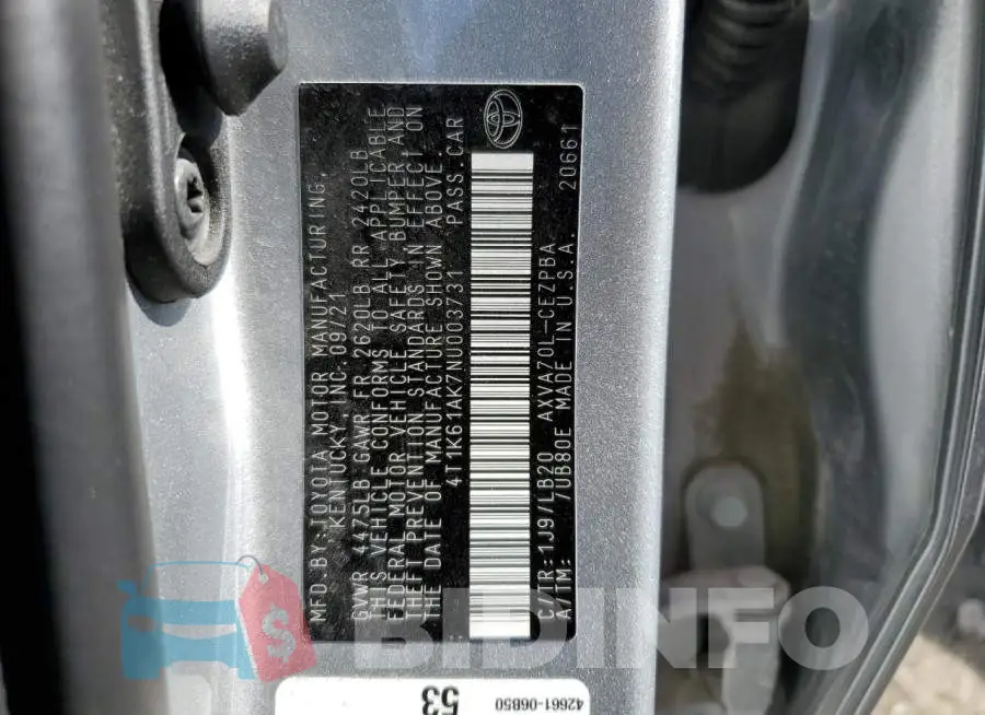 4T1K61AK7NU003731 Photo# 13