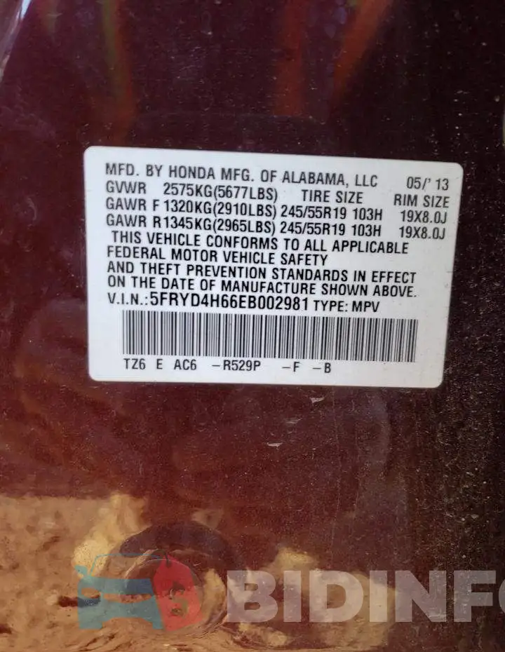 5FRYD4H66EB002981 Photo# 13