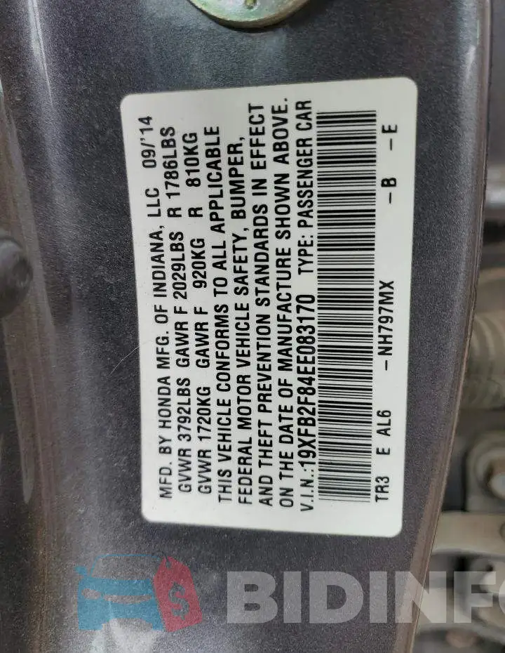 19XFB2F84EE083170 Photo# 12