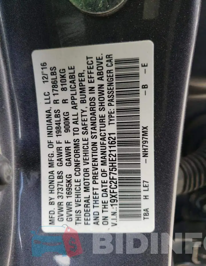 19XFC2F75HE211621 Photo# 12