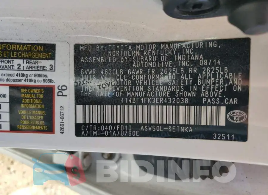 4T4BF1FK3ER432038 Photo# 12