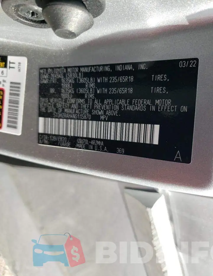 5TDHZRAH4NS115870 Photo# 14