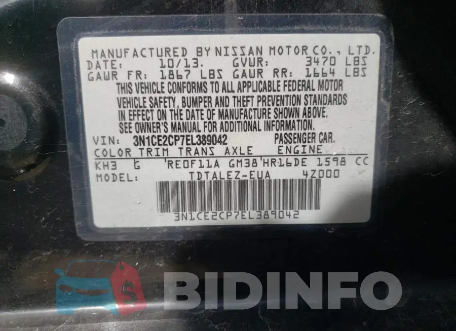 3N1CE2CP7EL389042 Photo# 12