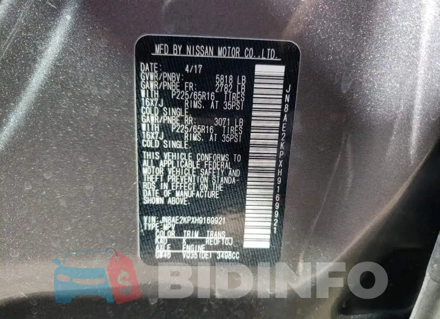JN8AE2KPXH9169921 Photo# 13