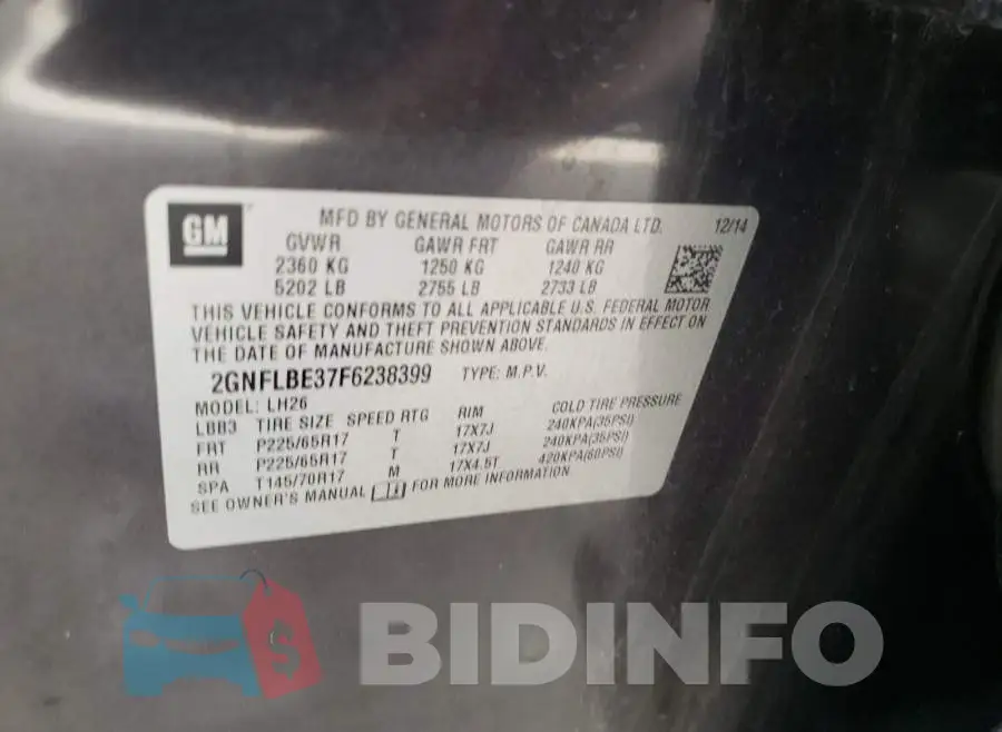 2GNFLBE37F6238399 Photo# 10