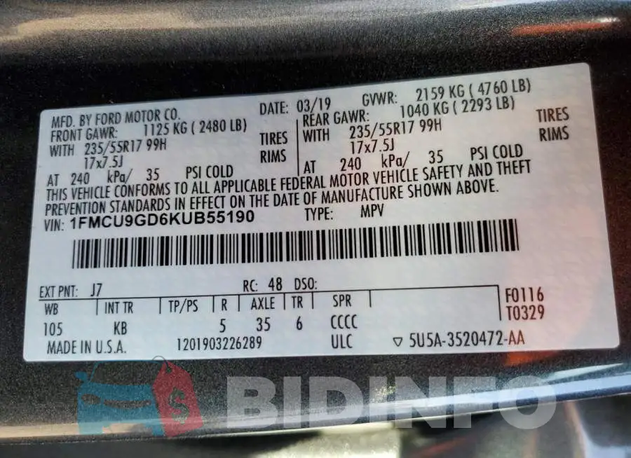 1FMCU9GD6KUB55190 Photo# 12