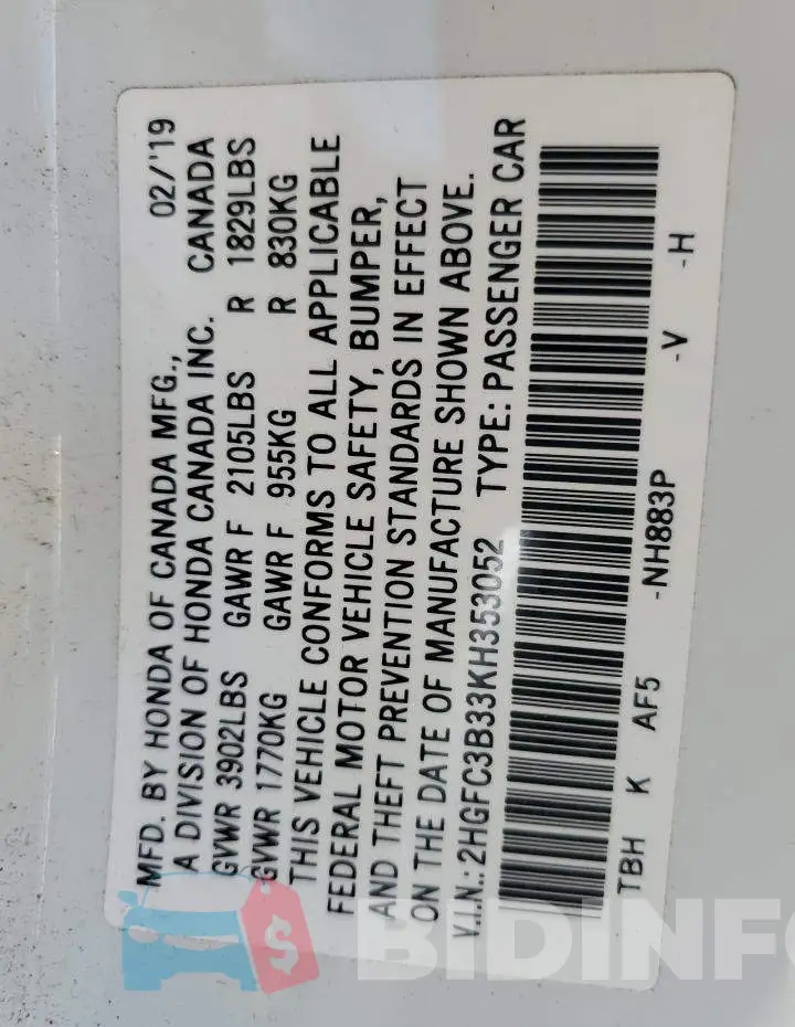 2HGFC3B33KH353052 Photo# 10