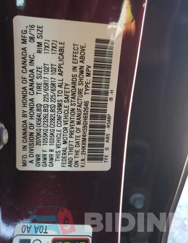 2HKRM4H59GH692646 Photo# 14