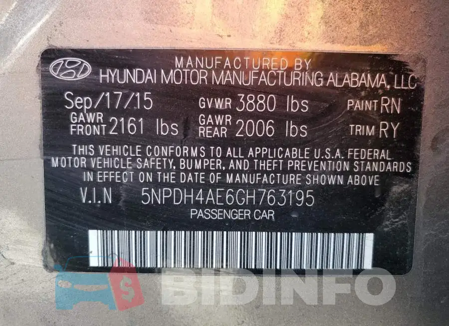 5NPDH4AE6GH763195 Photo# 12
