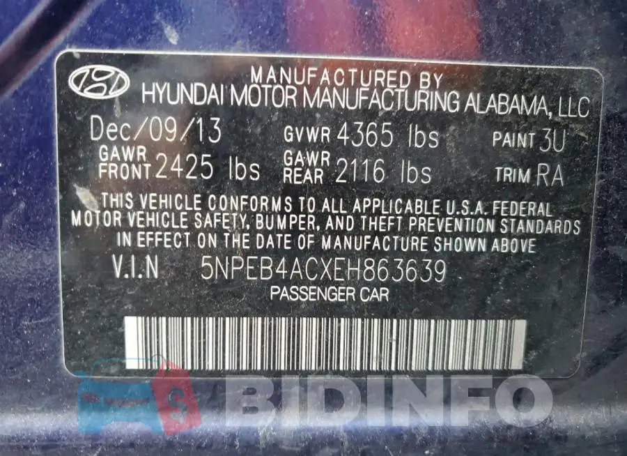 5NPEB4ACXEH863639 Photo# 12