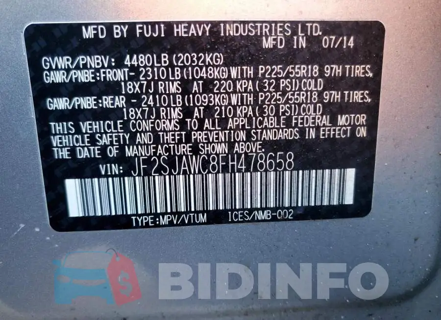 JF2SJAWC8FH478658 Photo# 14