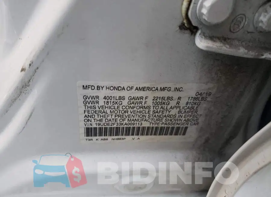 19UDE2F33KA009113 Photo# 12