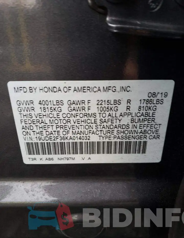 19UDE2F36KA014032 Photo# 12