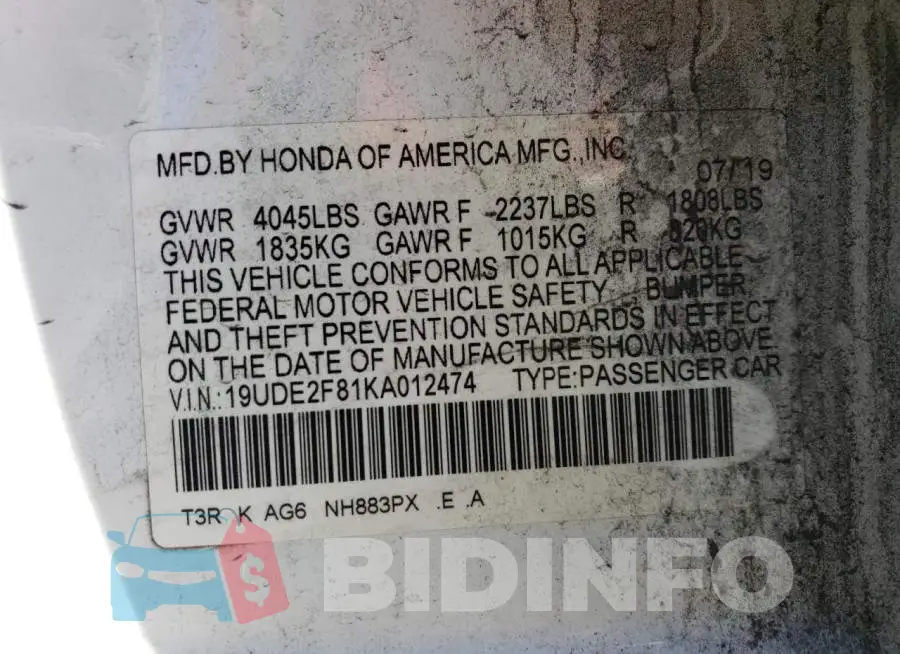 19UDE2F81KA012474 Photo# 12