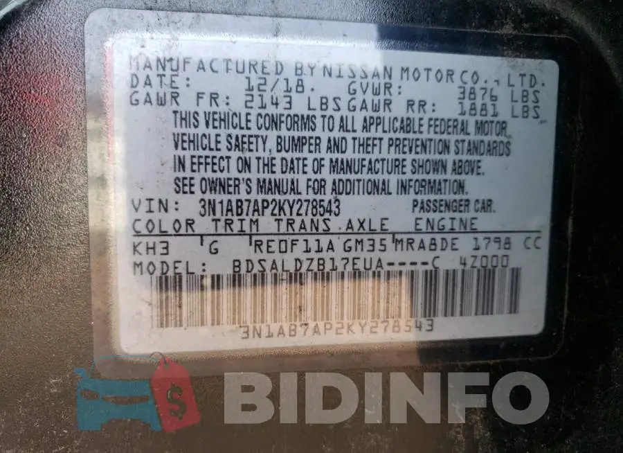 3N1AB7AP2KY278543 Photo# 12
