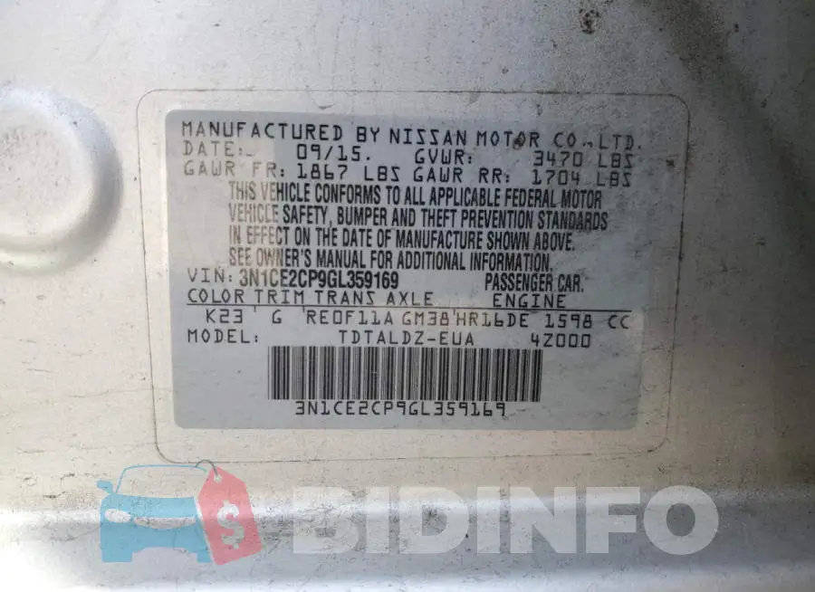 3N1CE2CP9GL359169 Photo# 13