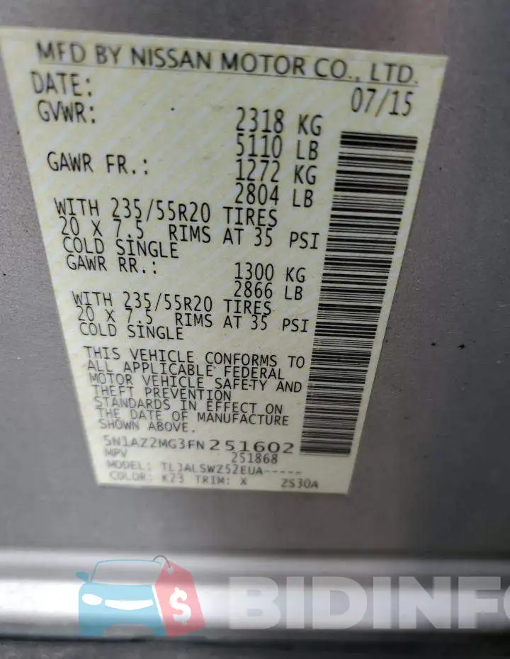 5N1AZ2MG3FN251602 Photo# 13