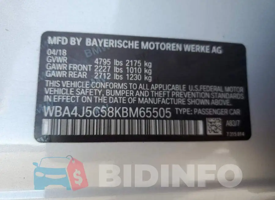 WBA4J5C58KBM65505 Photo# 12
